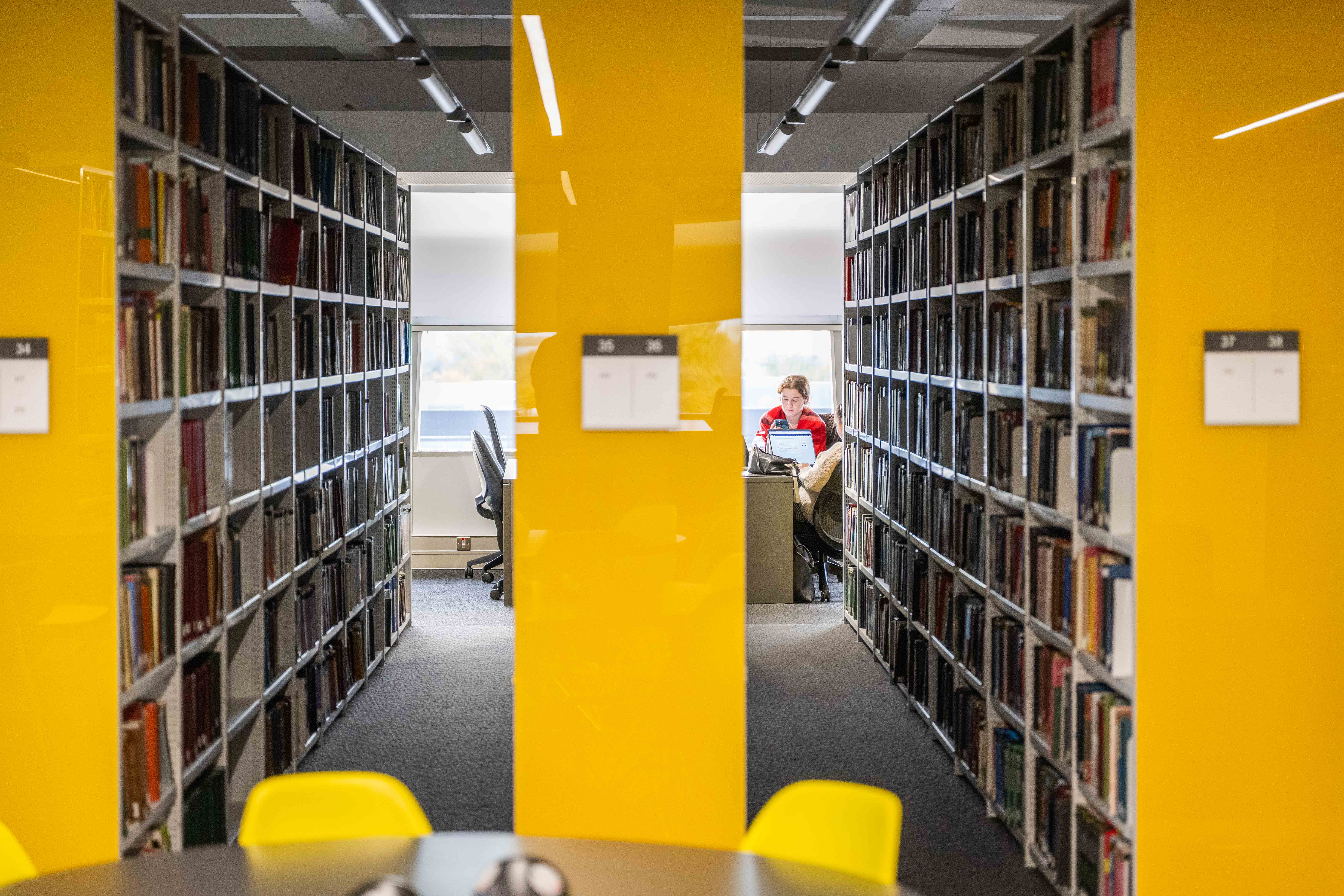 Library image looking through the shelves to a student working at the end